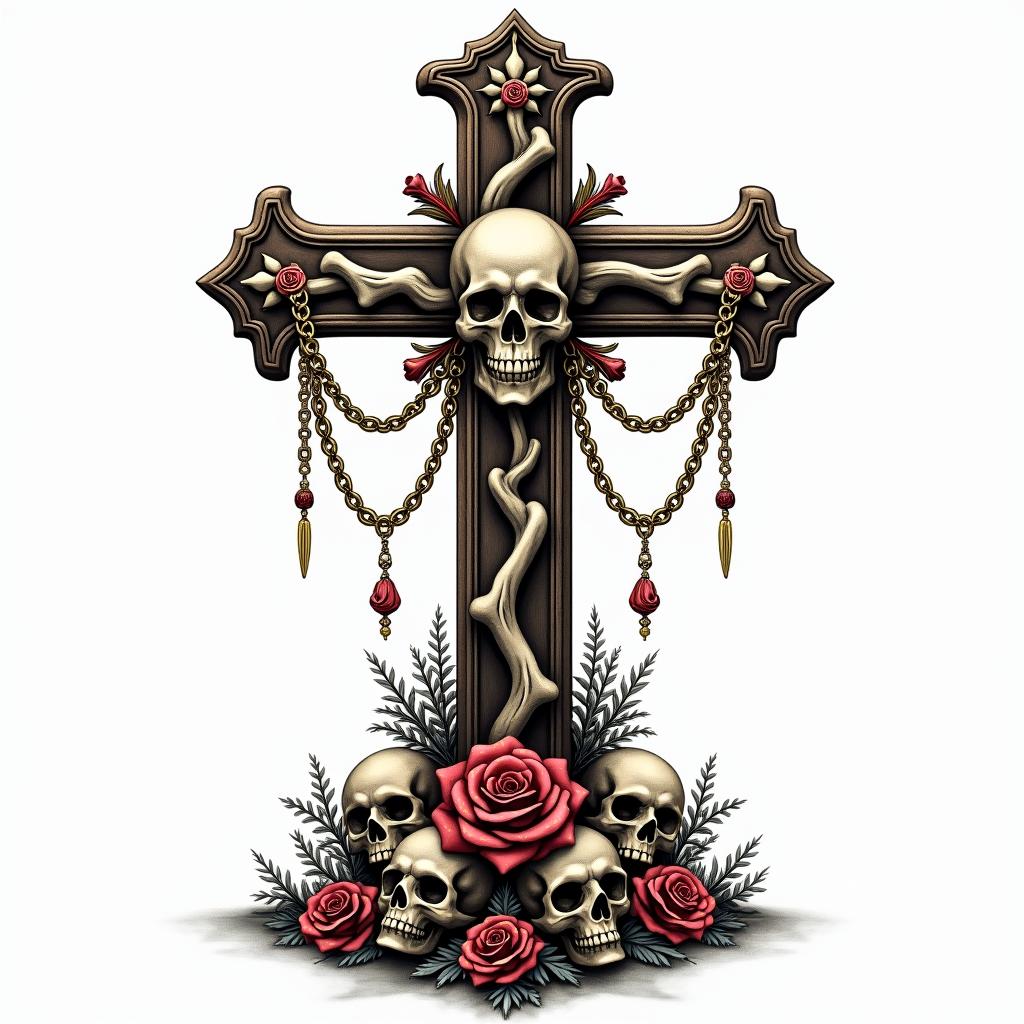 Cross decorated with bones with skulls in the middle and golden chains on a pedestal of skeletons.in chicano style tattoo, featuring intricate black and grey shading, bold elements of traditional chicano culture symbols, add a big cross with skull, chains and roses - Variation 3