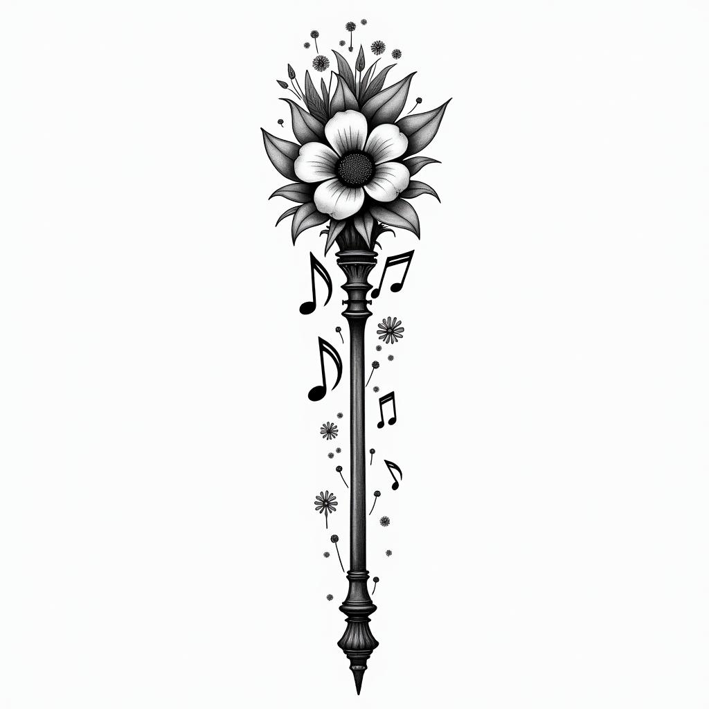 Conductor’s wand, with flowers coming out of it, and music notes in each sidehigly detailed tattoo - Variation 2