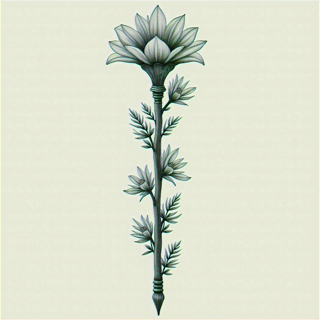 Conductor’s wand, with flowers coming out of it, and music notes in each sidehigly detailed tattoo - Variation 4