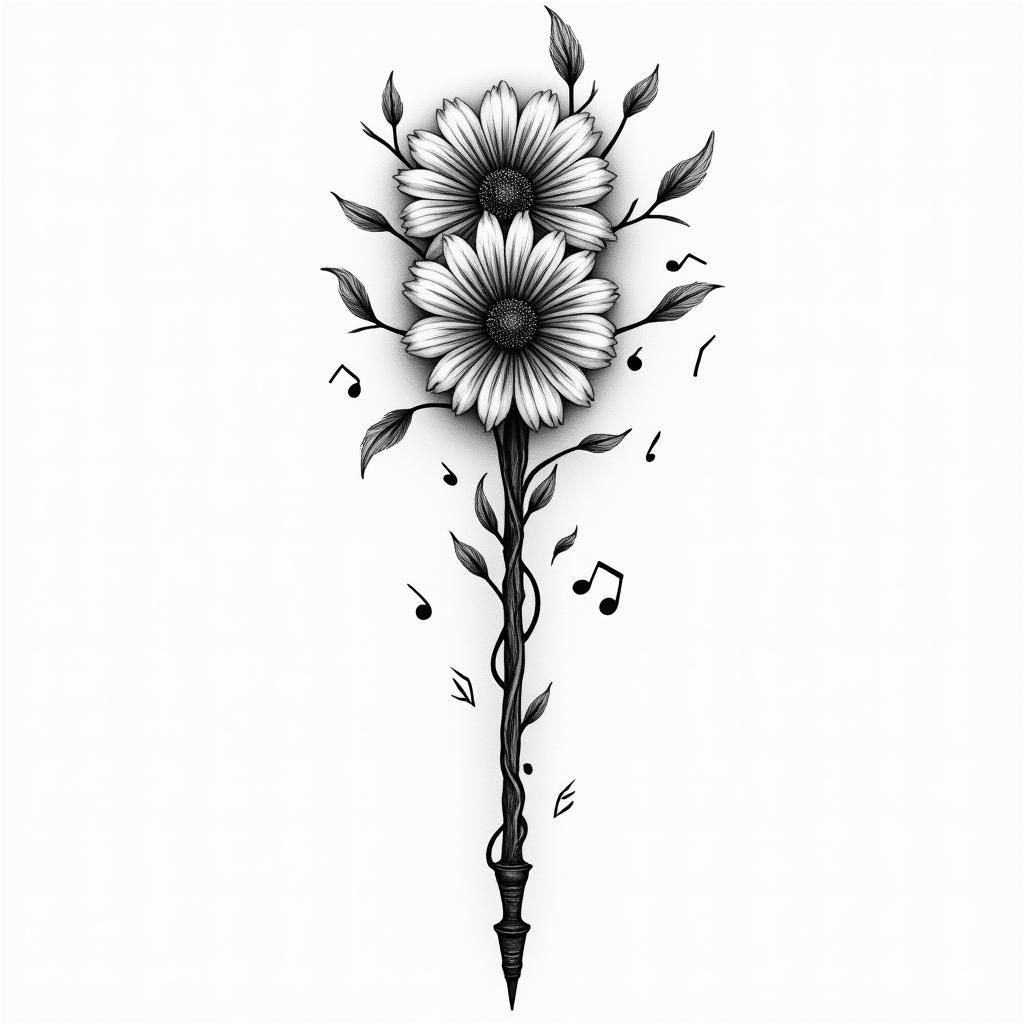 Conductor’s wand, with flowers coming out of it, and music notes in each sidehigly detailed tattoo - Variation 3