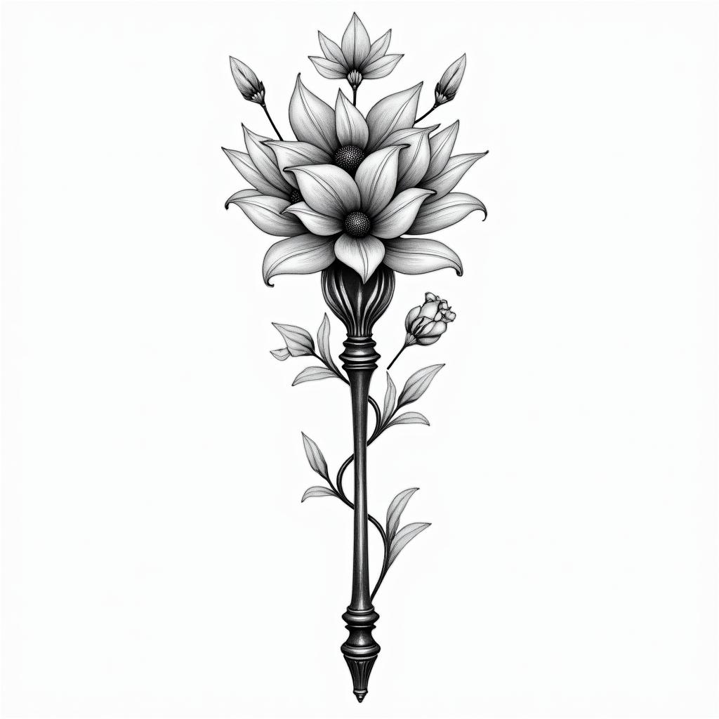 Conductor’s wand, with flowers coming out of it, and music notes in each sidehigly detailed tattoo