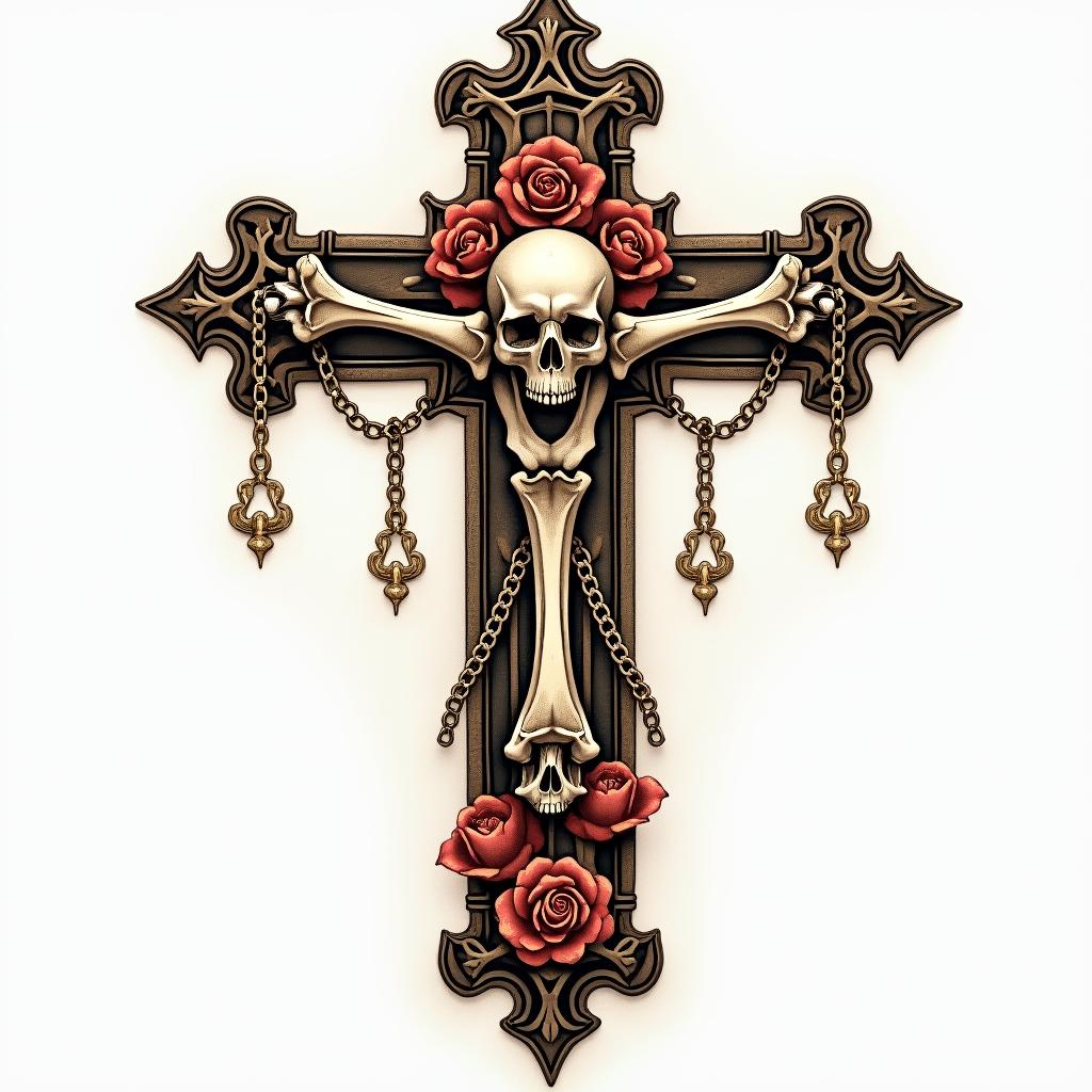 Cross adorned with bones with skulls in the center and golden chains without roses.in victorian style tattoo, featuring vintage and elegant elements, ornate frames, roses, antique, sepia-toned color scheme