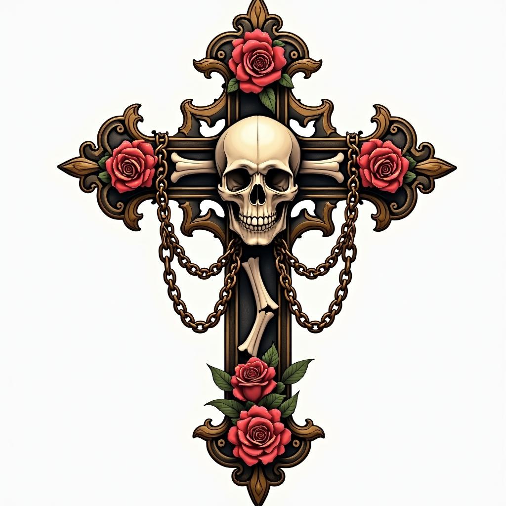 Cross adorned with bones with skulls in the center and golden chains without roses.in victorian style tattoo, featuring vintage and elegant elements, ornate frames, roses, antique, sepia-toned color scheme - Variation 4