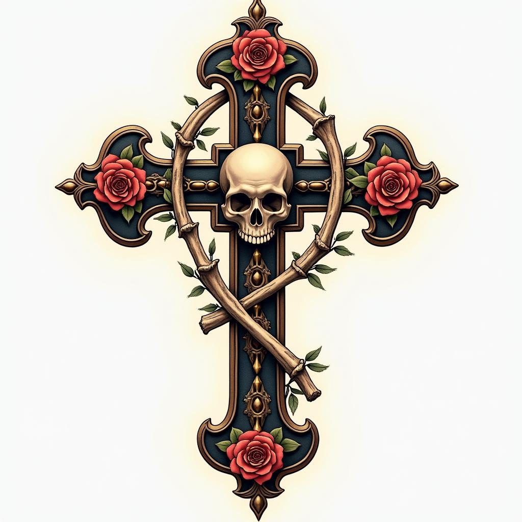 Cross adorned with bones with skulls in the center and golden chains without roses.in victorian style tattoo, featuring vintage and elegant elements, ornate frames, roses, antique, sepia-toned color scheme - Variation 3