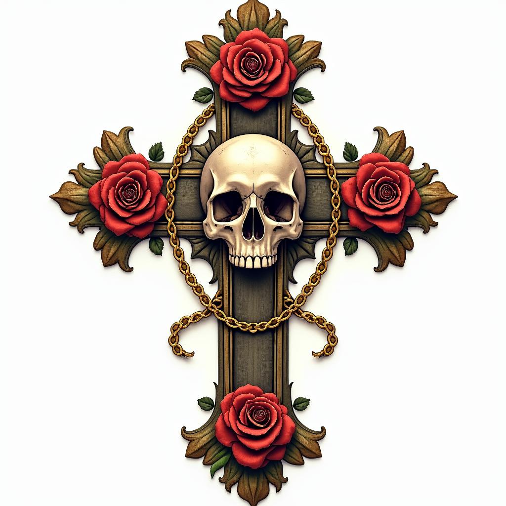 Cross adorned with bones with skulls in the center and golden chains without roses.in victorian style tattoo, featuring vintage and elegant elements, ornate frames, roses, antique, sepia-toned color scheme - Variation 2