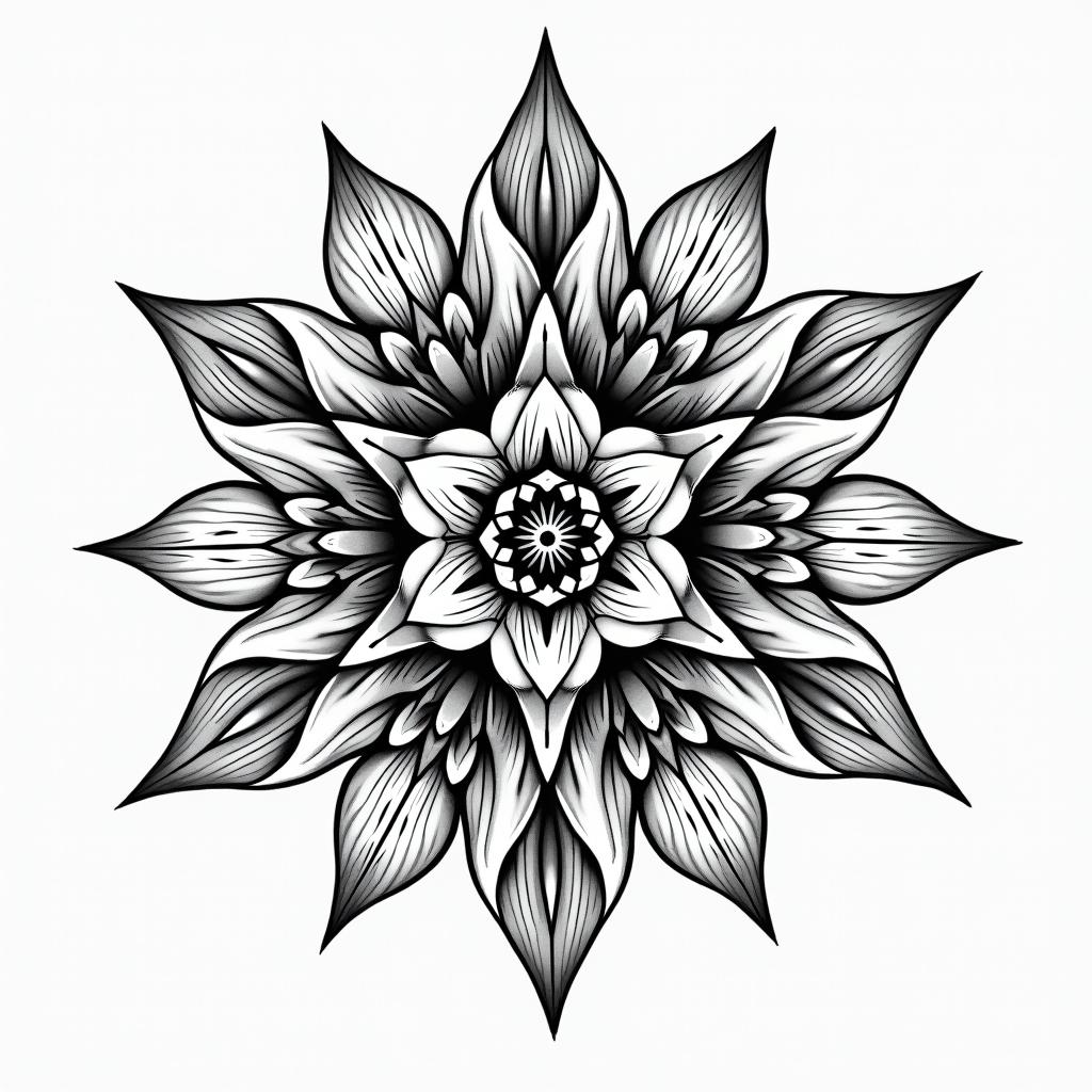 flower of life in geometric style tattoo, blending hexagons, mandala-inspired patterns, symmetrical and fractal design, clean lines, sharp angles - Variation 4