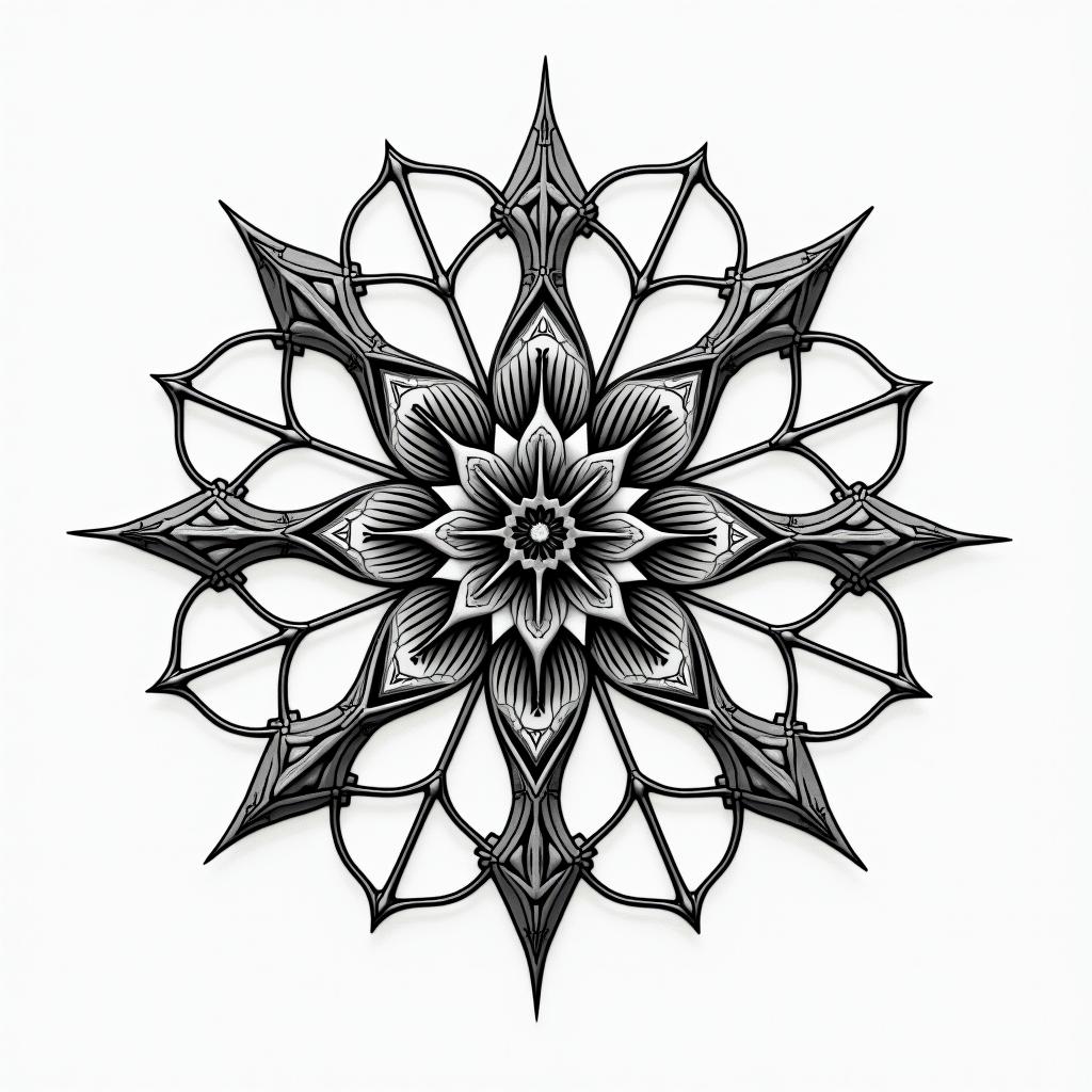 flower of life in geometric style tattoo, blending hexagons, mandala-inspired patterns, symmetrical and fractal design, clean lines, sharp angles