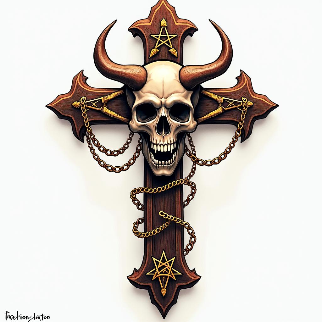 Cross decorated with bones with skull in the middle and golden chainscreepy horror tattoo style, featuring an eerie and unsettling skull of a demonic creature, distorted face with sharp fangs, add pentagram symbol