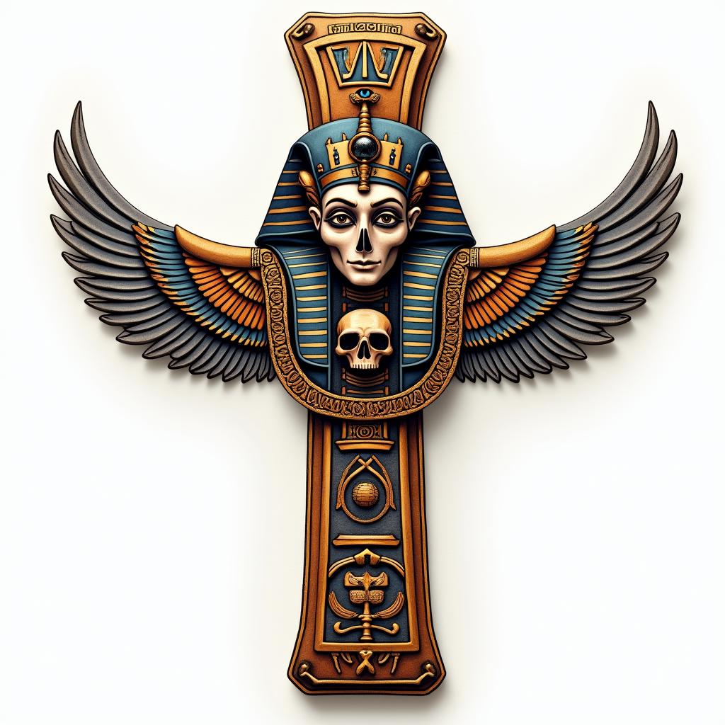 Cross decorated with bones with skull in the middle and golden chains.in egyptian style tattoo, bold elements of ancient egyptian culture including a portrait of an Egyptian pharaoh with detailed facial features, in hieroglyphs and symbolic imagery, eye of horus, ankh symbol, scarab beetle - Variation 3
