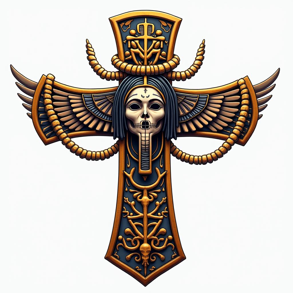 Cross decorated with bones with skull in the middle and golden chains.in egyptian style tattoo, bold elements of ancient egyptian culture including a portrait of an Egyptian pharaoh with detailed facial features, in hieroglyphs and symbolic imagery, eye of horus, ankh symbol, scarab beetle - Variation 4