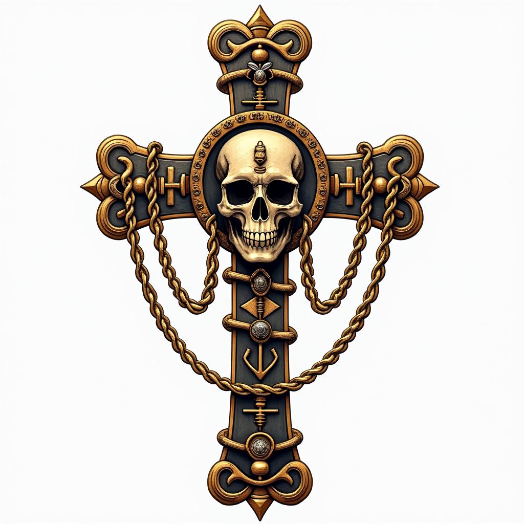 Cross decorated with bones with skull in the middle and golden chains.in egyptian style tattoo, bold elements of ancient egyptian culture including a portrait of an Egyptian pharaoh with detailed facial features, in hieroglyphs and symbolic imagery, eye of horus, ankh symbol, scarab beetle - Variation 2
