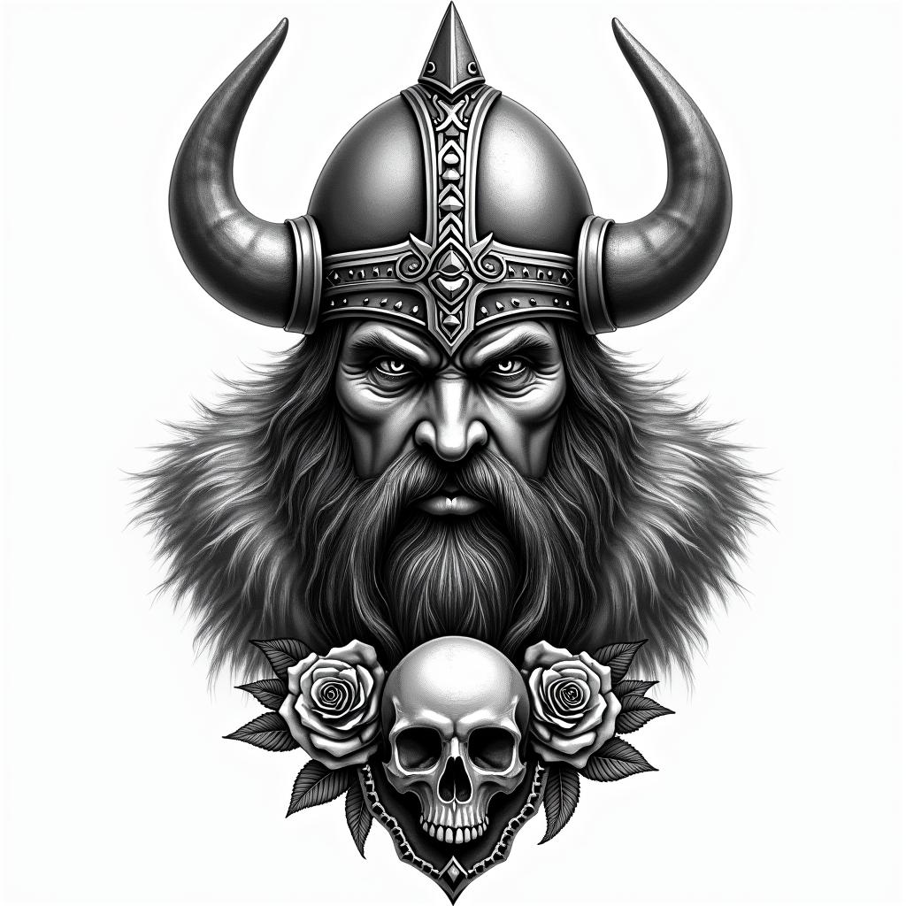 Fierce Viking with intricate helmet designin chicano style tattoo, featuring intricate black and grey shading, bold elements of traditional chicano culture symbols, add a big cross with skull, chains and roses - Variation 8