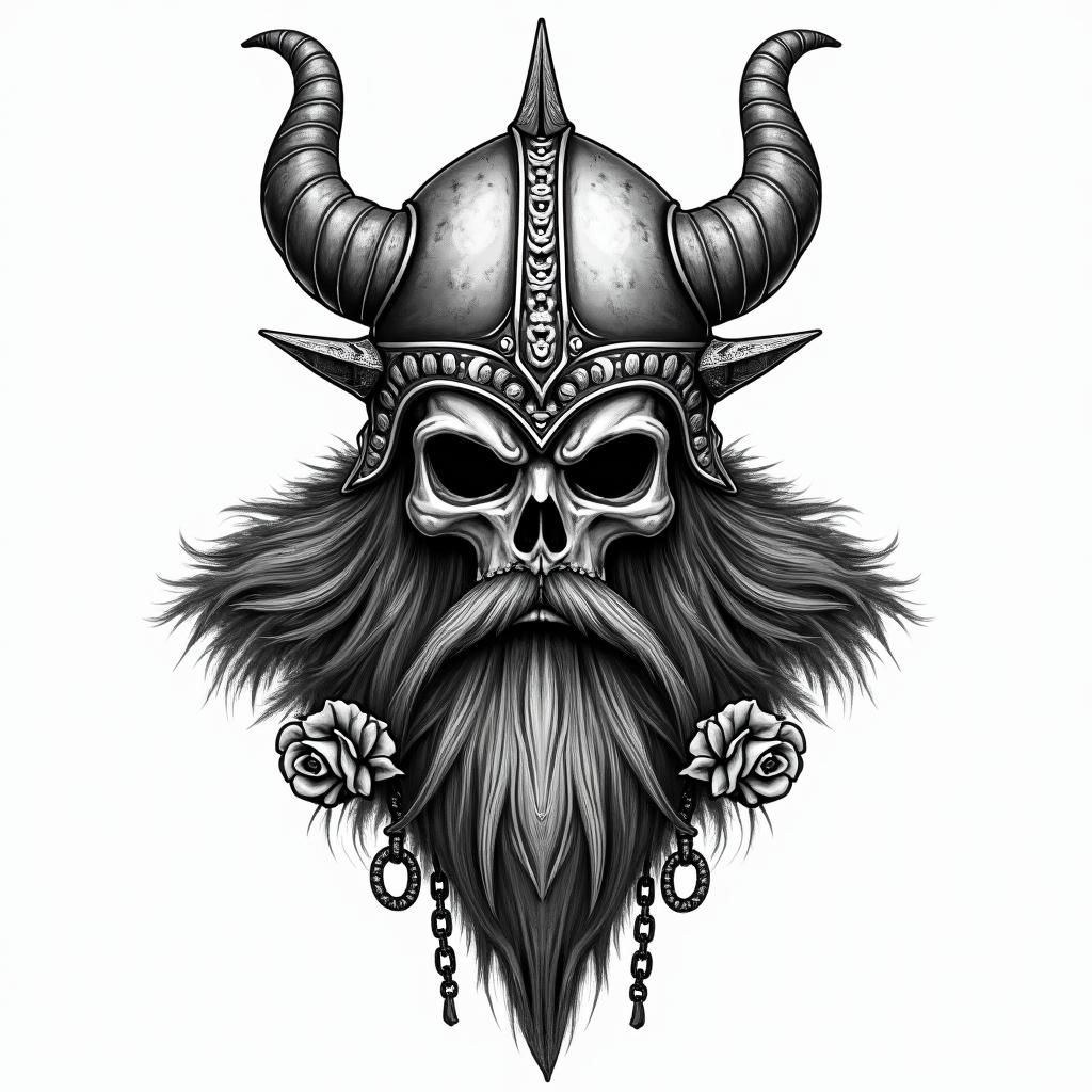 Fierce Viking with intricate helmet designin chicano style tattoo, featuring intricate black and grey shading, bold elements of traditional chicano culture symbols, add a big cross with skull, chains and roses - Variation 7