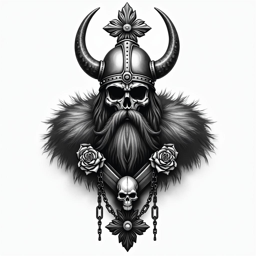 Fierce Viking with intricate helmet designin chicano style tattoo, featuring intricate black and grey shading, bold elements of traditional chicano culture symbols, add a big cross with skull, chains and roses - Variation 6