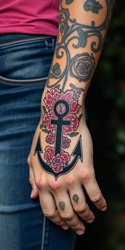 Anchor entwined with roses and thornsin pop art style tattoo, featuring bold and vibrant colors, exaggerated outlines, iconic imagery, inspired by comic books and speech bubbles, comic book characters, retro pop culture - Variation 2