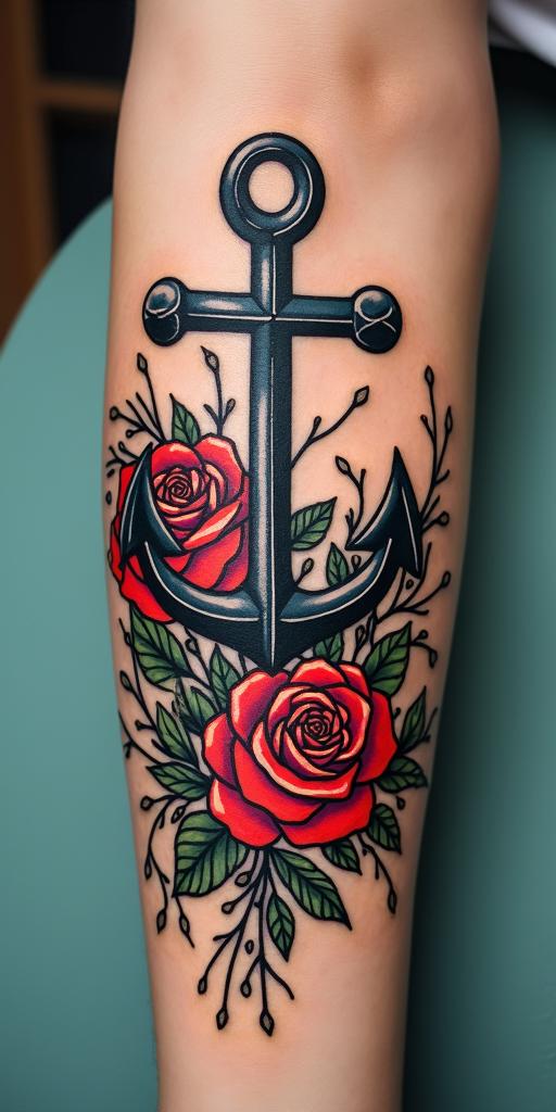 Anchor entwined with roses and thornsin pop art style tattoo, featuring bold and vibrant colors, exaggerated outlines, iconic imagery, inspired by comic books and speech bubbles, comic book characters, retro pop culture