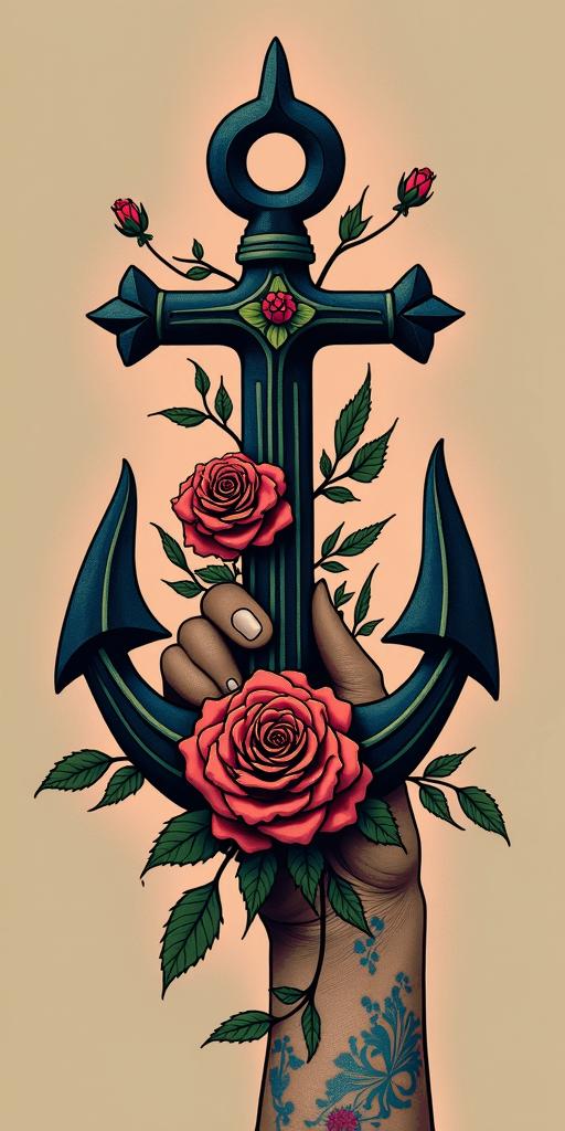 Anchor entwined with roses and thornsin pop art style tattoo, featuring bold and vibrant colors, exaggerated outlines, iconic imagery, inspired by comic books and speech bubbles, comic book characters, retro pop culture - Variation 3