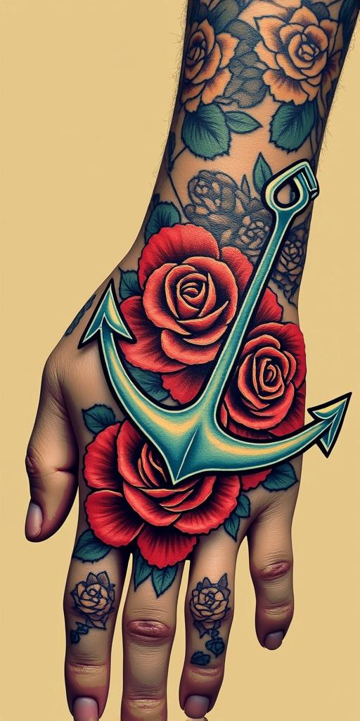 Anchor entwined with roses and thornsin pop art style tattoo, featuring bold and vibrant colors, exaggerated outlines, iconic imagery, inspired by comic books and speech bubbles, comic book characters, retro pop culture - Variation 4