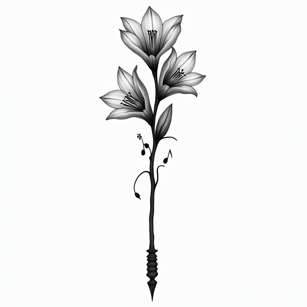 A conductor’s wand with two Lilly of the valleys coming out of the top with music notes on each sidehigly detailed tattoo - Variation 3