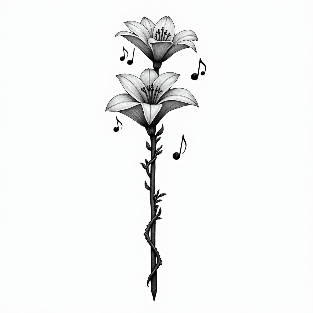 A conductor’s wand with two Lilly of the valleys coming out of the top with music notes on each sidehigly detailed tattoo