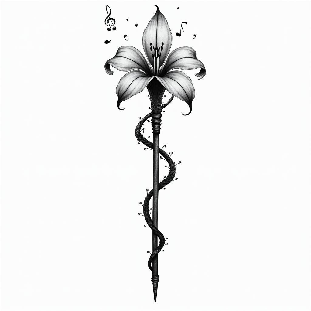 A conductor’s wand with two Lilly of the valleys coming out of the top with music notes on each sidehigly detailed tattoo - Variation 2