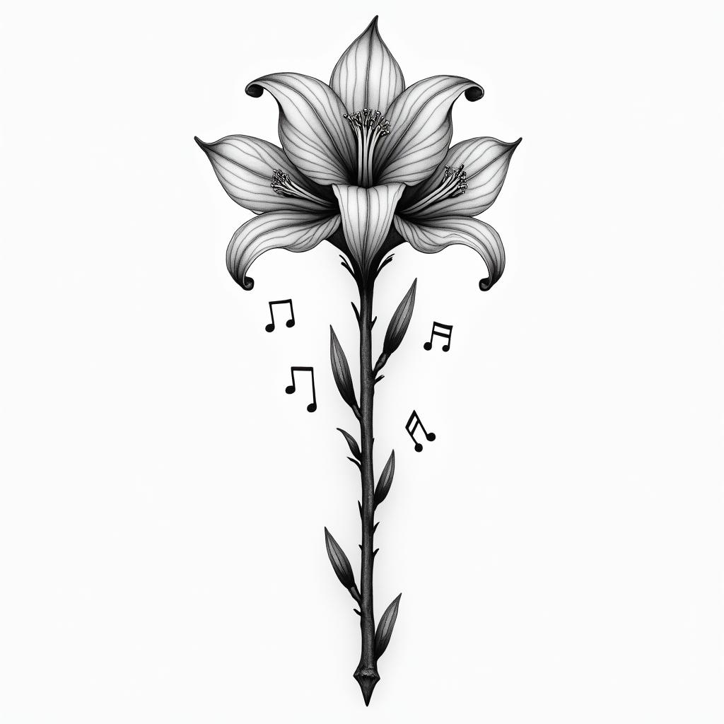 A conductor’s wand with two Lilly of the valleys coming out of the top with music notes on each sidehigly detailed tattoo - Variation 4