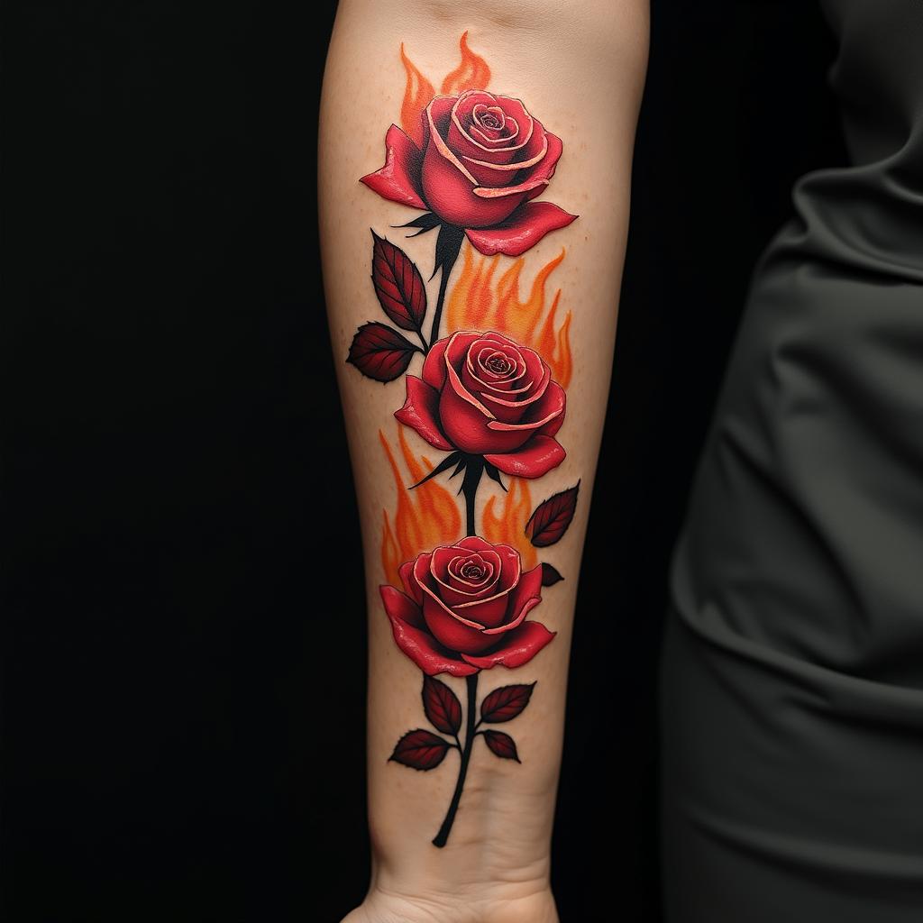 Roses, flames, music and quote for me childrenin flame tattoo style showcasing fiery elements with dynamic flame patterns, glowing effect of flames, natural colors - Variation 3