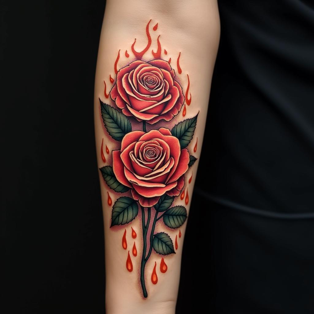 Roses, flames, music and quote for me childrenin flame tattoo style showcasing fiery elements with dynamic flame patterns, glowing effect of flames, natural colors - Variation 2