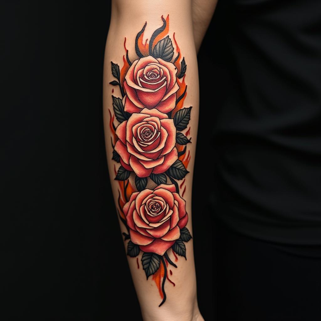 Roses, flames, music and quote for me childrenin flame tattoo style showcasing fiery elements with dynamic flame patterns, glowing effect of flames, natural colors