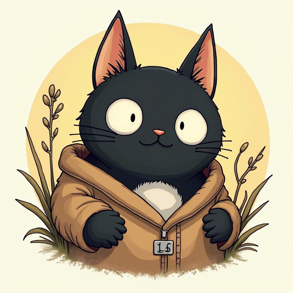 Exotic shorthair blackGhibli, Studio Ghibli aesthetic, hand-drawn anime style, retro nostalgic atmosphere, retro soft pastel color palette with earthy tones, retro Japanese cinematic shot, yellow tint effect, bald character, smooth surface, anime shadow 90's anime style - Variation 4