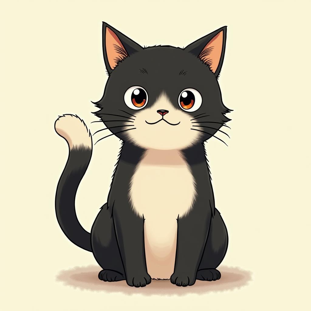 Exotic shorthair blackGhibli, Studio Ghibli aesthetic, hand-drawn anime style, retro nostalgic atmosphere, retro soft pastel color palette with earthy tones, retro Japanese cinematic shot, yellow tint effect, bald character, smooth surface, anime shadow 90's anime style