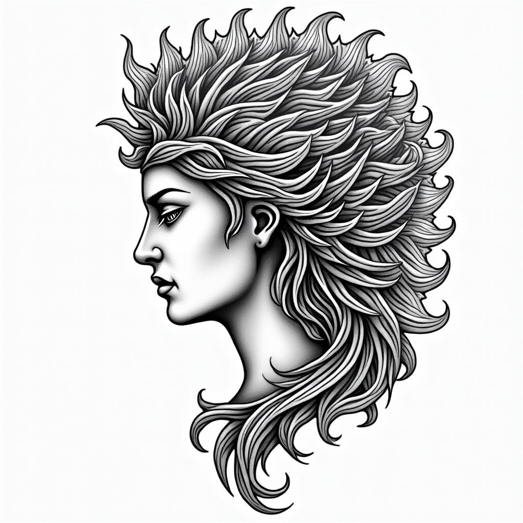 Athena, the goddess of war, firein dotwork style tattoo, complex mandala patterns, interlocking geometric shapes with sharp symmetry, clean lines, sharp angles