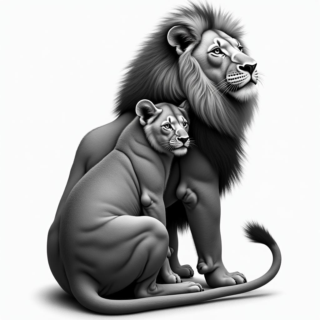 Lion with cubs back tattooin realism tattoo style, featuring a highly detailed, lifelike, capturing every detail, photorealistic, ultra realistic, intricate shading, smooth and sharp,   - Variation 3