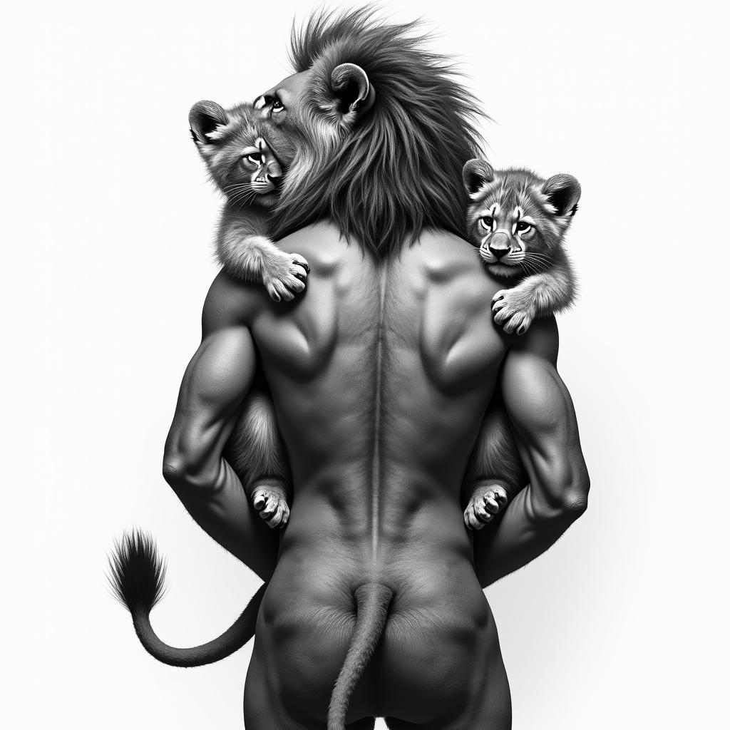 Lion with cubs back tattooin realism tattoo style, featuring a highly detailed, lifelike, capturing every detail, photorealistic, ultra realistic, intricate shading, smooth and sharp,   - Variation 2