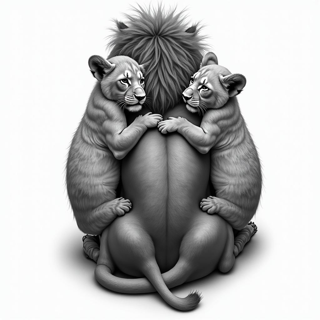 Lion with cubs back tattooin realism tattoo style, featuring a highly detailed, lifelike, capturing every detail, photorealistic, ultra realistic, intricate shading, smooth and sharp,   - Variation 4