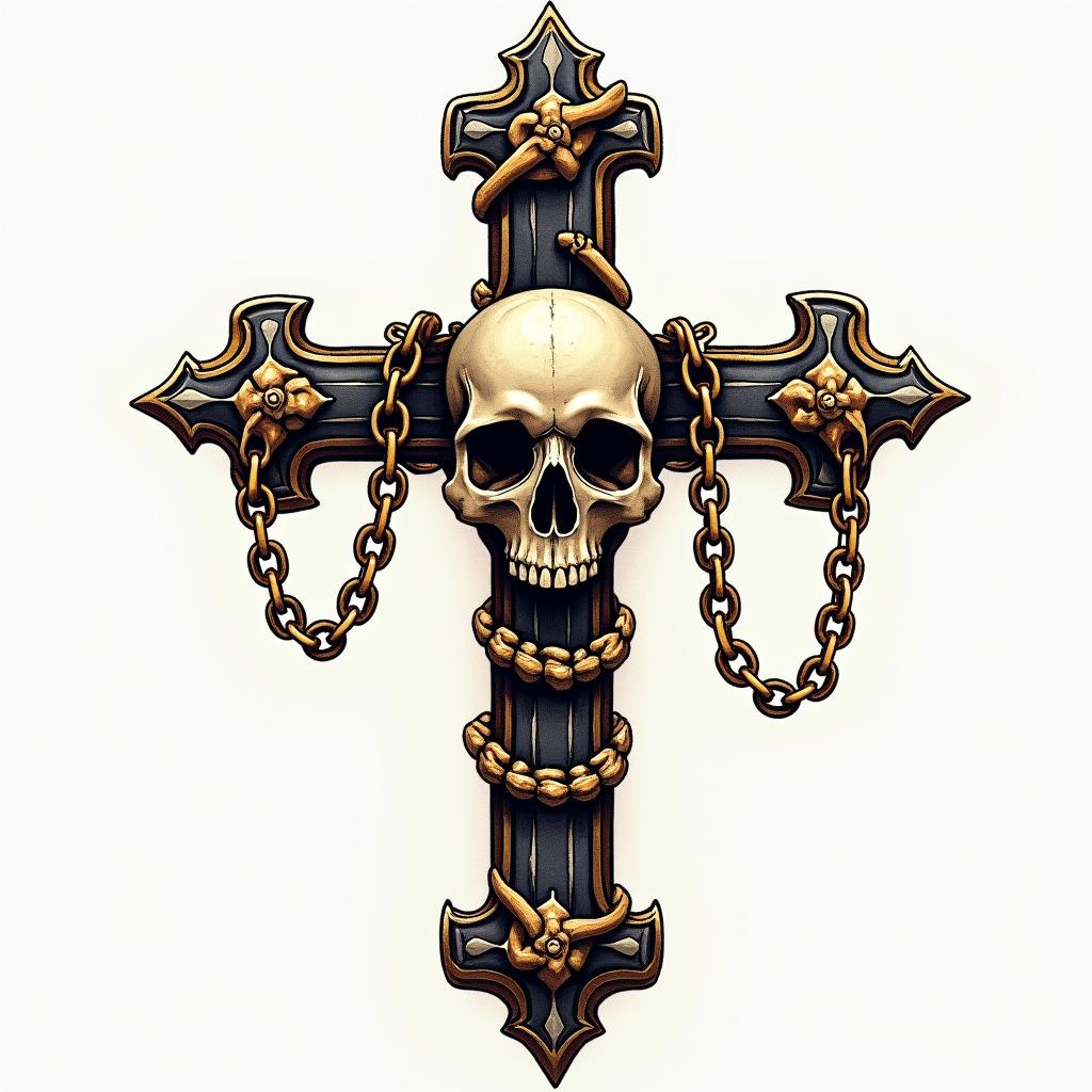 Cross decorated with bones skull in the middle with golden chains in horror tattoo style, showcasing haunting and unsettling, dark and gritty textures with skulls, eerie faces, jgged designs, bold and intense shading