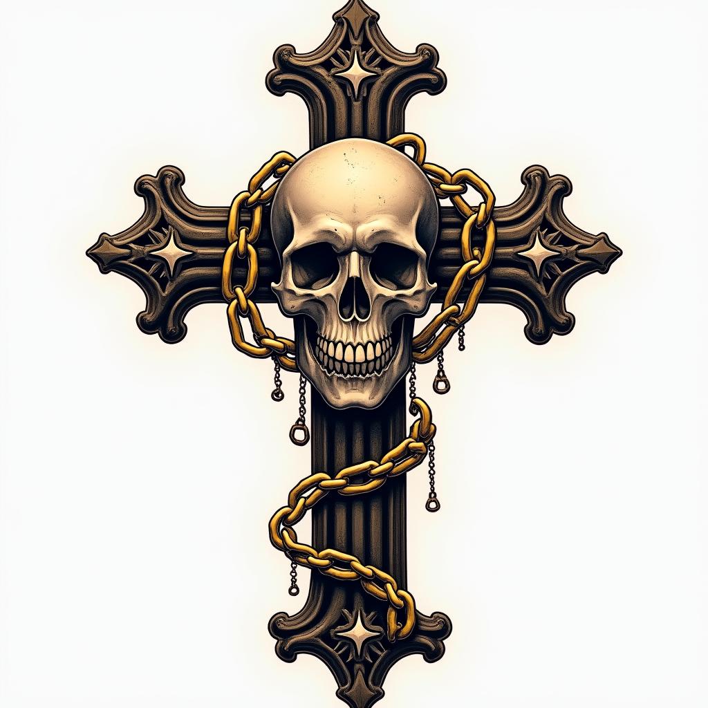 Cross decorated with bones skull in the middle with golden chains in horror tattoo style, showcasing haunting and unsettling, dark and gritty textures with skulls, eerie faces, jgged designs, bold and intense shading - Variation 2