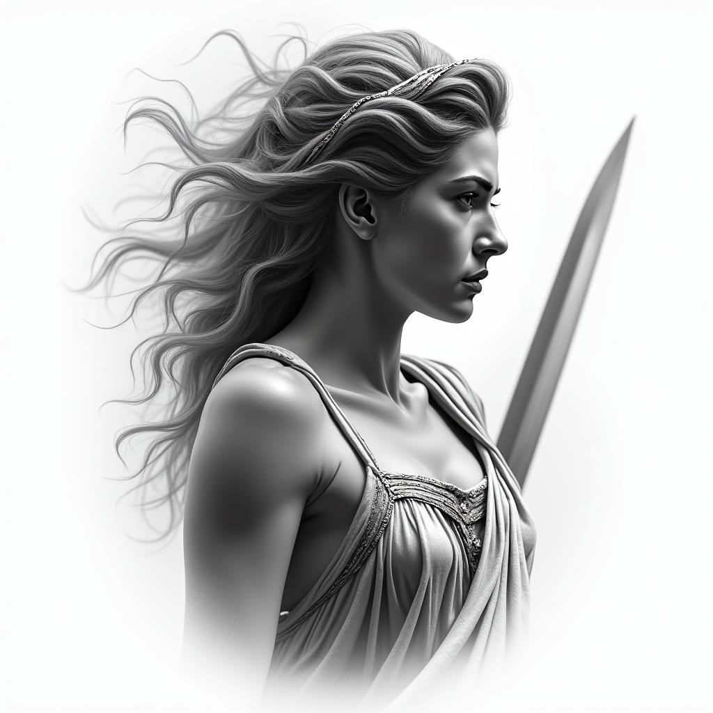 Athena, the goddess of war, firein realism tattoo style, featuring a highly detailed, lifelike, capturing every detail, photorealistic, ultra realistic, intricate shading, smooth and sharp,   - Variation 3