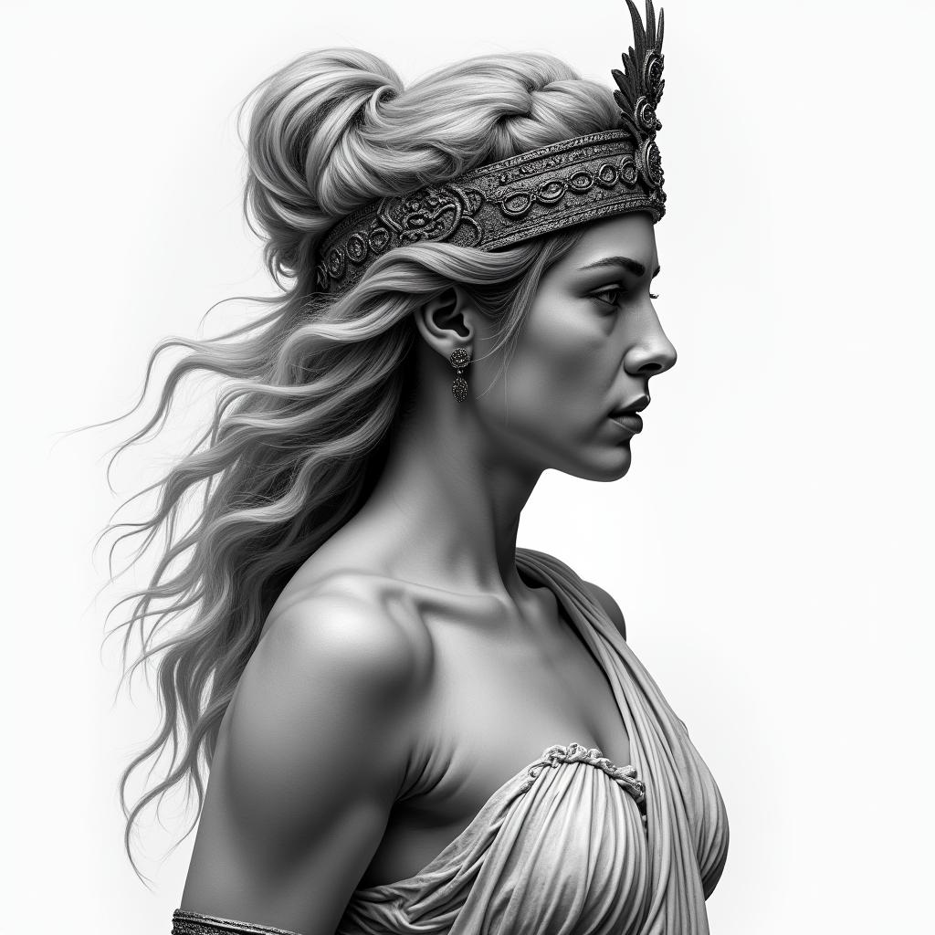 Athena, the goddess of war, firein realism tattoo style, featuring a highly detailed, lifelike, capturing every detail, photorealistic, ultra realistic, intricate shading, smooth and sharp,   - Variation 2