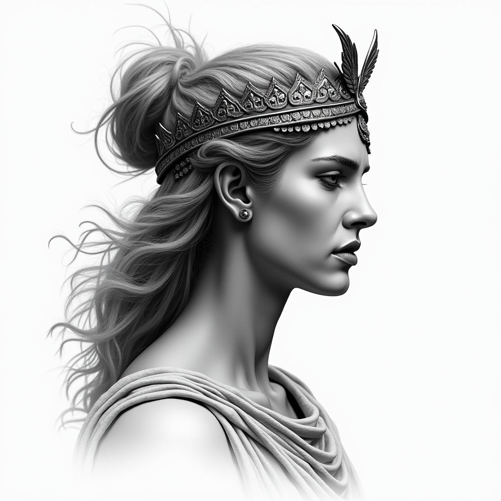 Athena, the goddess of war, firein realism tattoo style, featuring a highly detailed, lifelike, capturing every detail, photorealistic, ultra realistic, intricate shading, smooth and sharp,