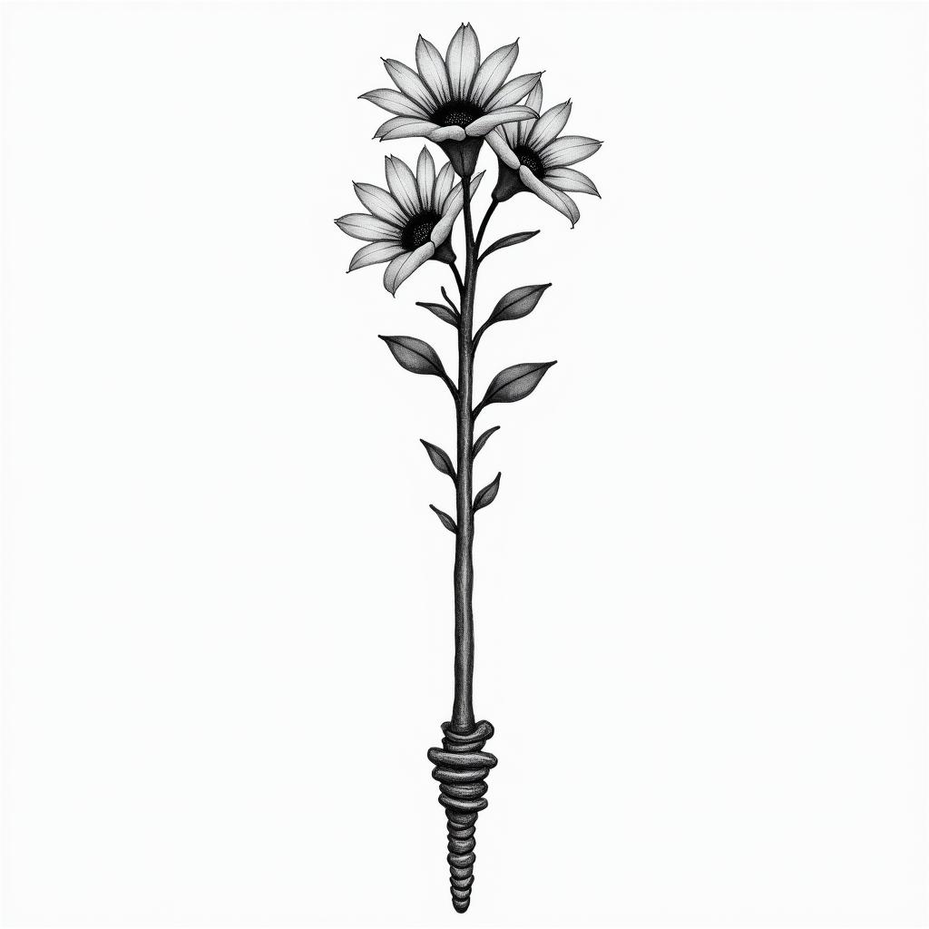 A Conductors wand with two small flowers coming out of the top of it and larger music notes on each sidehigly detailed tattoo - Variation 2