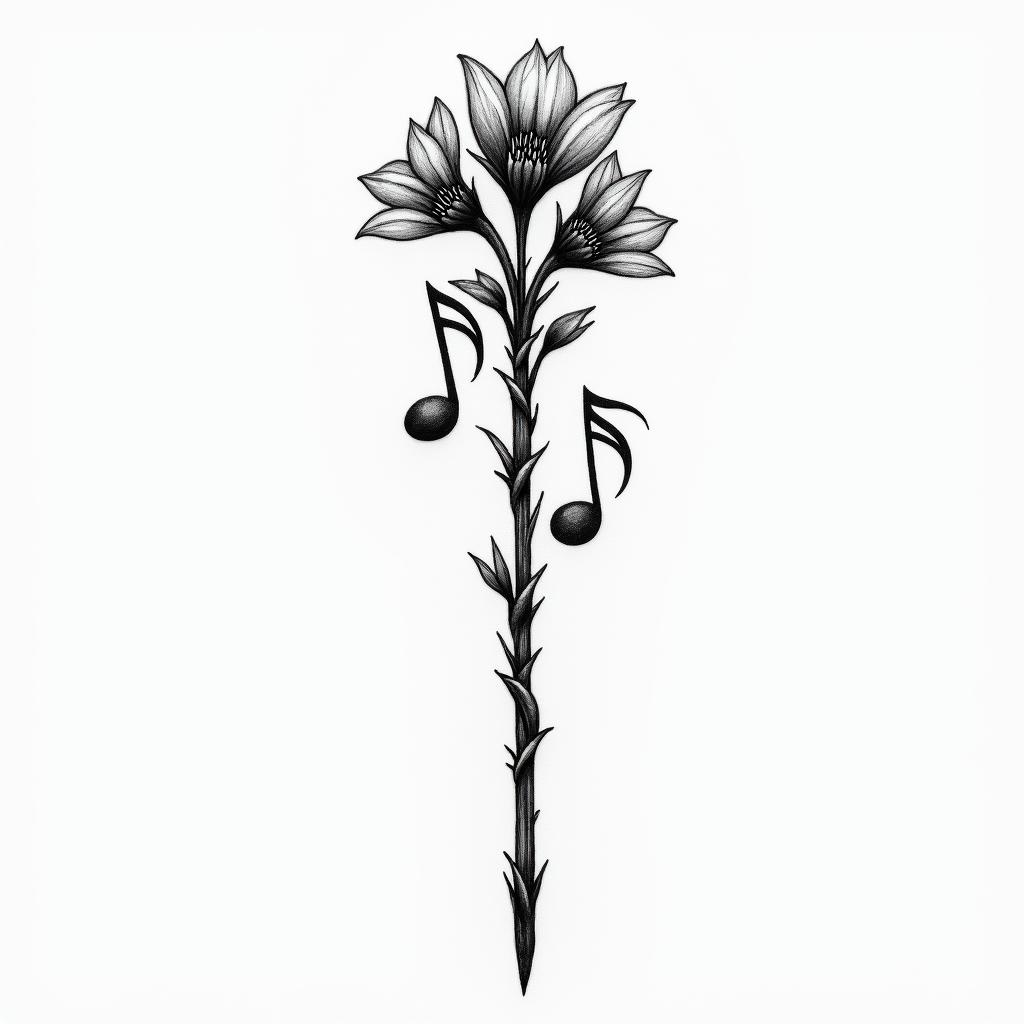 A Conductors wand with two small flowers coming out of the top of it and larger music notes on each sidehigly detailed tattoo - Variation 4