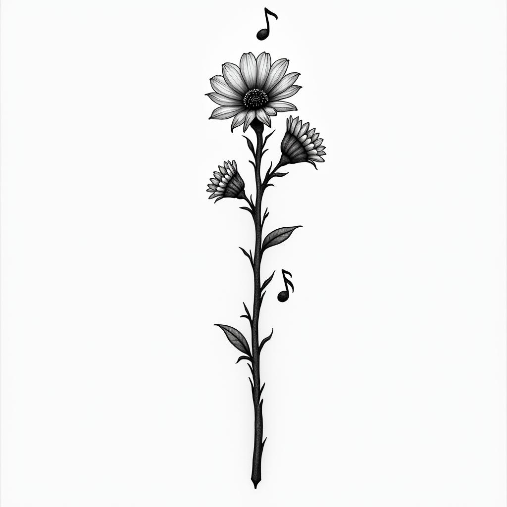 A Conductors wand with two small flowers coming out of the top of it and larger music notes on each sidehigly detailed tattoo