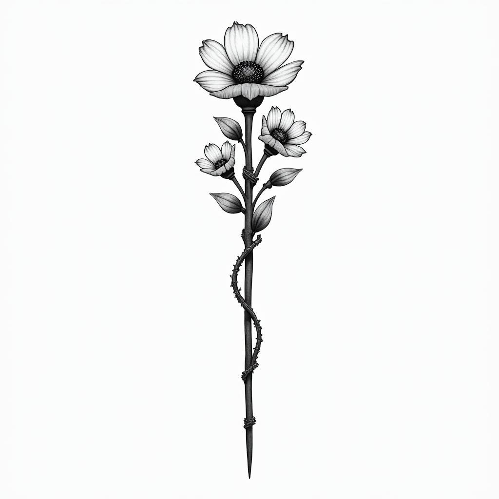 A Conductors wand with two small flowers coming out of the top of it and larger music notes on each sidehigly detailed tattoo - Variation 3