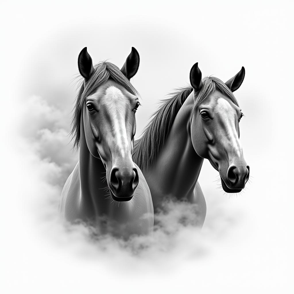 Horses, sky, cloudin portrait tattoo style, featuring a highly realistic and detailed depiction - Variation 1