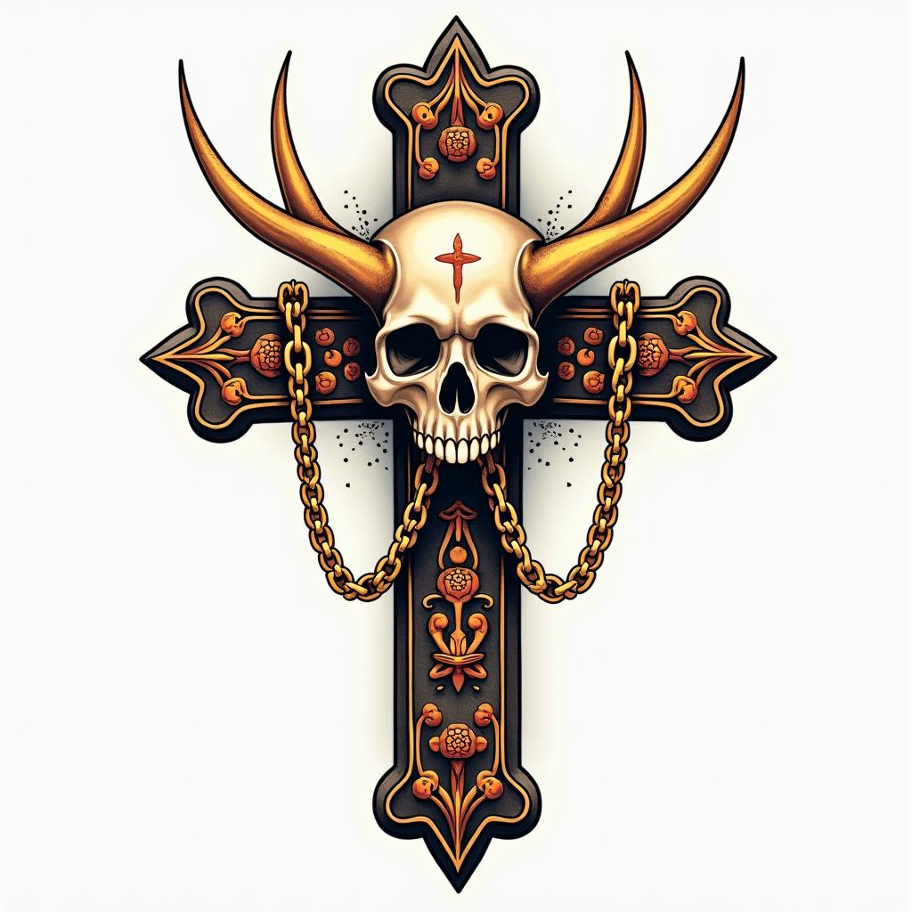 Cross adorned bones skull in the middle with golden chainsin authentic tattoo style, incorporating traditional modifications, bold black outlines, solid color fills, featuring classic authentic elements