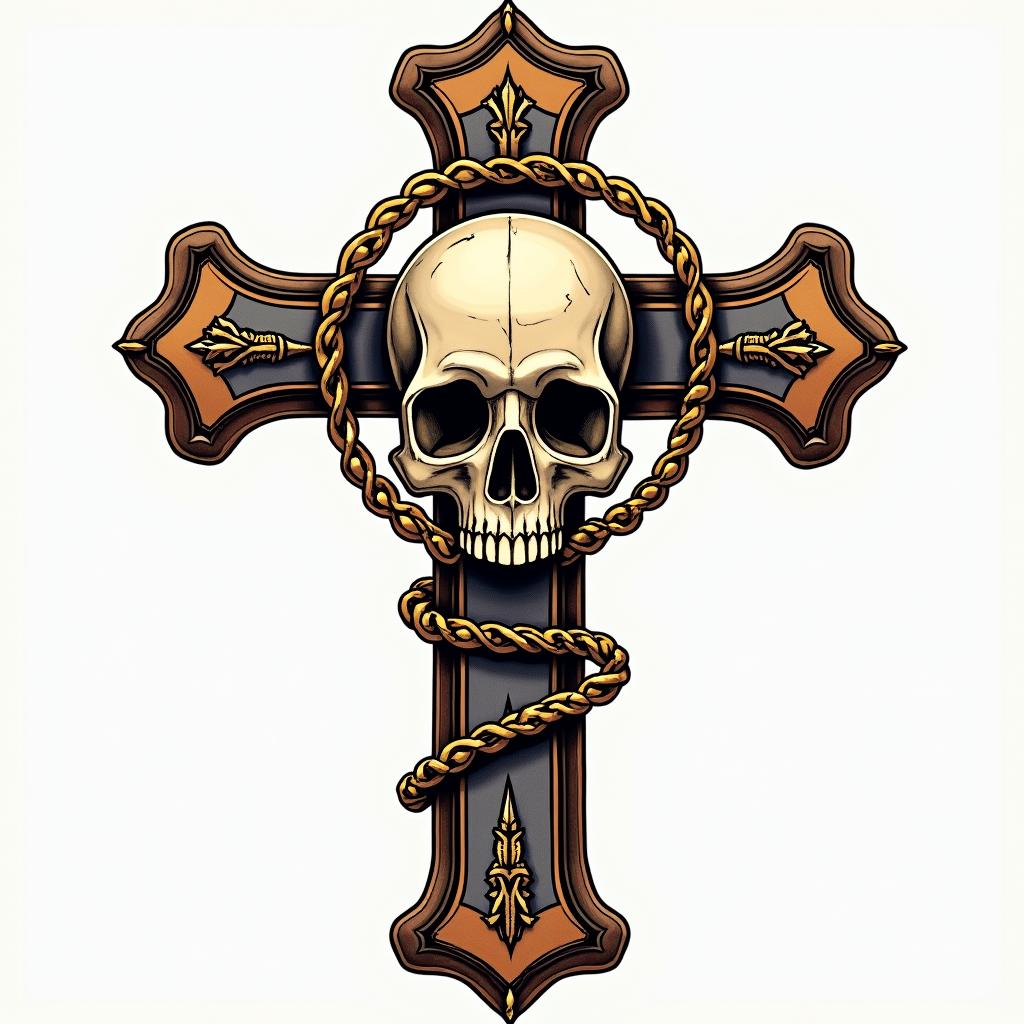 Cross adorned bones skull in the middle with golden chainsin authentic tattoo style, incorporating traditional modifications, bold black outlines, solid color fills, featuring classic authentic elements - Variation 2