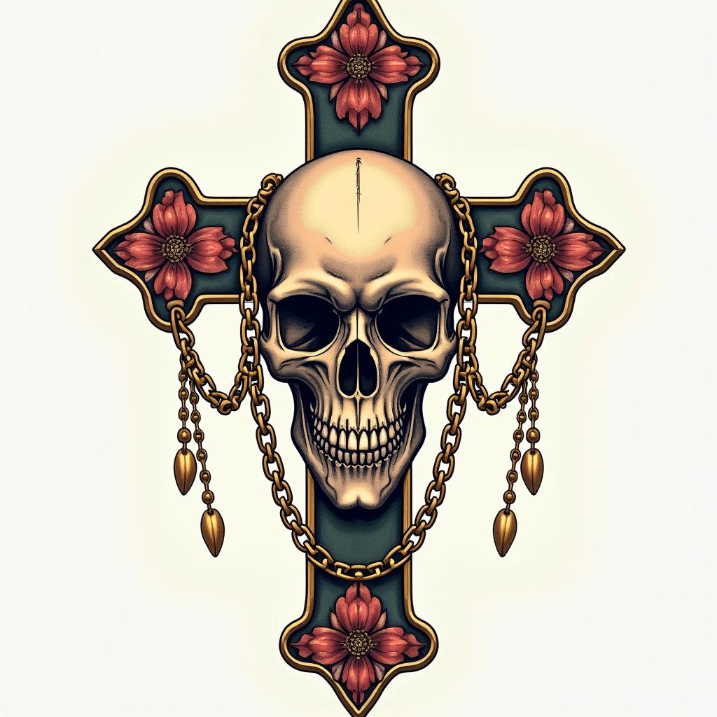 Cross adorned bones skull in the middle with golden chainsin authentic tattoo style, incorporating traditional modifications, bold black outlines, solid color fills, featuring classic authentic elements - Variation 4