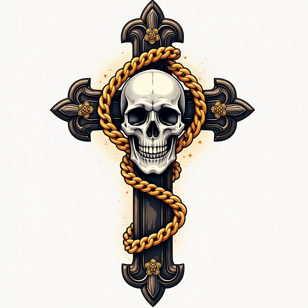 Cross adorned bones skull in the middle with golden chainsin authentic tattoo style, incorporating traditional modifications, bold black outlines, solid color fills, featuring classic authentic elements - Variation 3