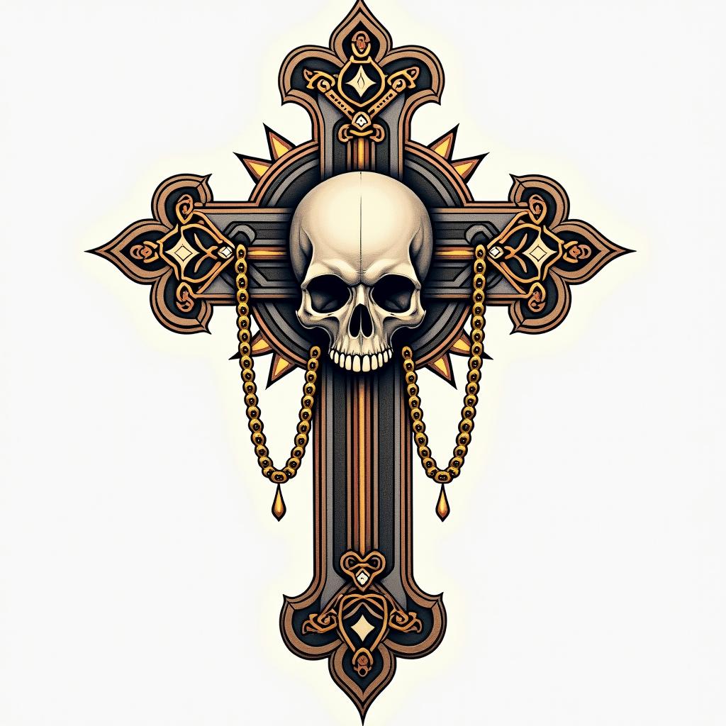 Cross adorned with bones skull in the middle with golden chains.in dotwork style tattoo, complex mandala patterns, interlocking geometric shapes with sharp symmetry, clean lines, sharp angles
